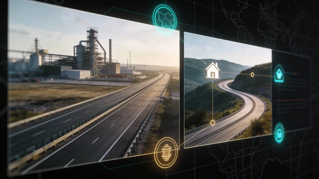 Split screen of industrial highway vs mountain road