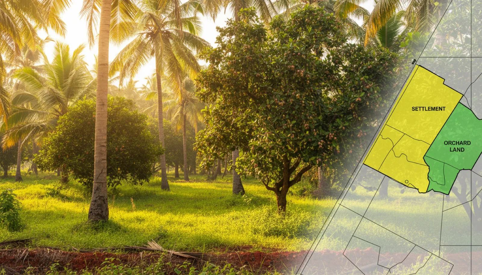 Green orchard zone plot in Goa with coconut trees, marked against a zoning map