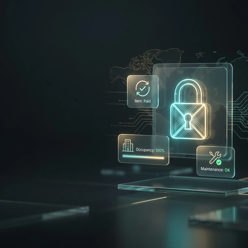 Laptop showing property dashboard and keys