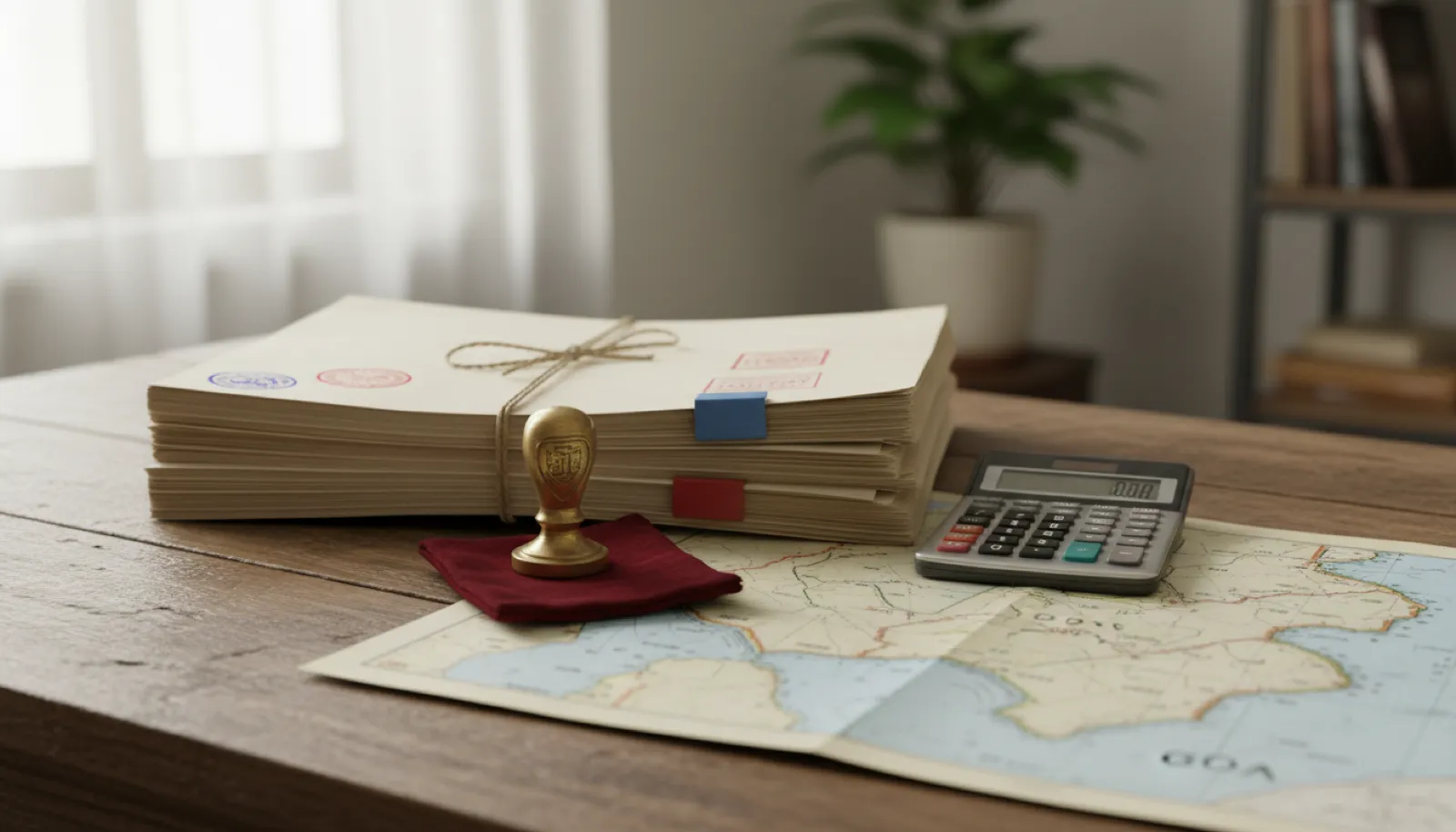 Stack of Goa land conversion documents with a fee calculation on top