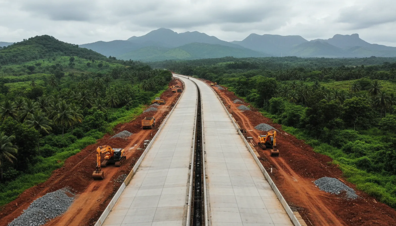 Six-lane expressway alignment ending inland at Banda, Sawantwadi taluka, with the Sindhudurg coast in the distance